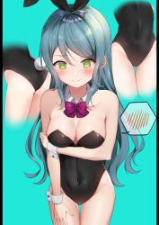 Rule 34 | 10s, 1girl, 3:, @ @, absurdres, animal ears, aqua background, arm under breasts, ass, bang dream!, black leotard, blue hair, blush, bow, bowtie, breasts, cleavage, closed mouth, collarbone, covered navel, cropped legs, detached collar, embarrassed, fake animal ears, fake tail, gluteal fold, green eyes, hand on own thigh, highres, hikawa sayo, leotard, long hair, medium breasts, mia (fai1510), multiple views, pillarboxed, playboy bunny, purple bow, purple neckwear, rabbit ears, rabbit tail, simple background, speech bubble, spoken blush, standing, strapless, strapless leotard, swept bangs, tail, thigh gap, thighs, wrist cuffs