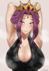 Rule 34 | 1girl, armpits, arms up, bare shoulders, blush, breasts, cleavage, crown, highres, large breasts, looking at viewer, mature female, mirelia q melromarc, purple eyes, queen, smell, smile, sweat, tate no yuusha no nariagari