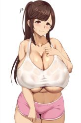 Rule 34 | 1girl, blush, breasts, brown eyes, brown hair, cleavage, collarbone, commentary, covered erect nipples, cowboy shot, english commentary, huge breasts, long hair, looking at viewer, matsuda hitomi, navel, original, pink shorts, ponytail, short shorts, shorts, sidelocks, simple background, skindentation, smile, solo, sports bra, sweat, underboob, white background, white sports bra, yua (argaoffroad)