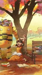Rule 34 | 1girl, arms (game), autumn leaves, bench, book, brown hair, casual, dress, closed eyes, highres, leaf, mecha, mechanica (arms), nintendo, official art, open mouth, park, park bench, robot, sitting, solo, stretching, tree, wariza, yamamoto yuu, yawning