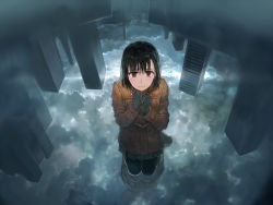 Rule 34 | 1girl, black gloves, black hair, black pantyhose, bob (biyonbiyon), brown eyes, building, city, cloud, cloudy sky, commentary request, dark, from above, gloves, hands on own chest, jacket, kneeling, long sleeves, looking at viewer, nervous, original, pantyhose, pleated skirt, reflection, scenery, skirt, sky, skyscraper, solo