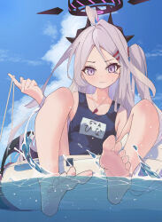 Rule 34 | 1girl, afloat, ahoge, barefoot, blue archive, blue sky, blurry, cloud, cloudy sky, collarbone, commentary request, demon girl, demon horns, demon wings, depth of field, feet, forehead, hair ornament, hairclip, halo, highres, hina (blue archive), hina (swimsuit) (blue archive), horns, in water, innertube, knees up, legs, long hair, looking at viewer, name tag, ocean, official alternate costume, old school swimsuit, on innertube, one side up, parted bangs, purple eyes, school swimsuit, sidelocks, sky, sleeveless, soles, solo, spread toes, swim ring, swimsuit, toenails, toes, user hykc3887, wet, whistle, whistle around neck, white hair, wings