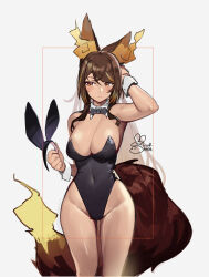 Rule 34 | 1girl, animal ears, black leotard, blush, breasts, brown eyes, brown hair, covered navel, cowboy shot, detached collar, flame-tipped tail, fox ears, fox tail, hand in own hair, highleg, highleg leotard, highres, holding, indie virtual youtuber, large breasts, leotard, playboy bunny, rabbit ears, sinder (vtuber), siriuflong, swirl, tail, virtual youtuber, wrist cuffs