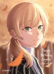 Rule 34 | 1girl, absurdres, artist name, black jacket, blonde hair, closed mouth, commentary, dated, english commentary, falling petals, green eyes, happy birthday, highres, jacket, long hair, looking at viewer, low ponytail, medium hair, petals, portrait, purple sweater, saeki sayaka, shanays, smile, solo, sweater, turtleneck, turtleneck sweater, yagate kimi ni naru