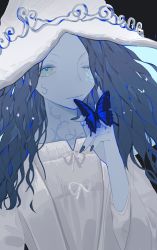 Rule 34 | 1girl, blue butterfly, blue eyes, blue hair, blue skin, blue theme, bug, butterfly, butterfly on hand, closed mouth, colored skin, ddgood6, dress, elden ring, fingernails, flat chest, highres, insect, long fingernails, long sleeves, looking at viewer, one eye closed, ranni the witch, solo, white dress, white headwear