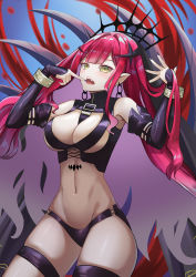 Rule 34 | 1girl, absurdres, black nails, black panties, bracelet, breasts, circlet, detached sleeves, earrings, baobhan sith (fate), fang, fate/grand order, fate (series), green eyes, hand in own hair, highres, jagoo, jewelry, large breasts, long hair, nail polish, navel, open mouth, panties, pink hair, pointing, pointing at self, pointy ears, revealing clothes, solo, stomach, string, thigh strap, thighs, tongue, underwear