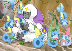 Rule 34 | alternate color, blue eyes, branch, climbing, closed eyes, closed mouth, commentary request, creatures (company), game freak, gen 7 pokemon, gen 8 pokemon, holding, holding pokemon, leaf, looking down, nintendo, nose bubble, o3o, open mouth, oranguru, pokemon, pokemon (creature), shiny and normal, shiny pokemon, smile, sobble, takigawa geenito, tongue