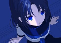 Rule 34 | 1girl, arm support, blue background, blue eyes, blue hair, blue neckerchief, closed mouth, cowboy shot, crack of light, curtained hair, expressionless, from above, highres, ily., looking at viewer, looking up, medium hair, narume, neckerchief, pixel art, school uniform, serafuku, short sleeves, sitting, solo, yurisawa airi