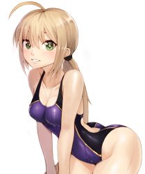 Rule 34 | alternate hairstyle, artoria pendragon (all), artoria pendragon (fate), ass, blonde hair, competition swimsuit, fate/stay night, fate (series), green eyes, highres, leaning forward, long hair, looking at viewer, official alternate costume, one-piece swimsuit, ponytail, purple one-piece swimsuit, saber (fate), saber (summer battle clothes) (fate), skin tight, smile, solo, sookmo, swimsuit