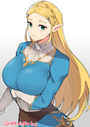 Rule 34 | 1girl, arm under breasts, blonde hair, braid, breasts, closed mouth, commentary, english commentary, ge-b, gloves, green eyes, hair ornament, hairclip, highres, large breasts, light smile, long hair, looking at viewer, nintendo, pants, parted bangs, pointy ears, princess zelda, sidelocks, smile, solo, the legend of zelda, the legend of zelda: breath of the wild, very long hair
