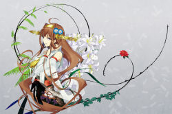 Rule 34 | 10s, 1girl, bare shoulders, brown hair, flower, from side, hand in own hair, kantai collection, kongou (kancolle), lily (flower), long hair, looking at viewer, nontraditional miko, open mouth, purple eyes, rose, solo, tsurukame