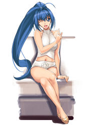 Rule 34 | 00s, a1 (initial-g), absurdres, bare legs, blue eyes, blue hair, hayase mitsuki, highres, kimi ga nozomu eien, legs, long hair, navel, one eye closed, open mouth, ponytail, simple background, solo, swimsuit, very long hair, white background, wink