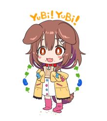 Rule 34 | 1girl, :d, animal ears, blush stickers, braid, bread slice, bright pupils, brown eyes, brown hair, catchphrase, chibi, dog ears, dog tail, dress, eating, fang, food, food on face, hololive, inugami korone, inugami korone (1st costume), jacket, long sleeves, loose socks, open mouth, pink socks, sabaku chitai, simple background, sleeves past fingers, sleeves past wrists, smile, socks, solo, standing, tail, toast, twin braids, virtual youtuber, white background, white dress, white pupils, yellow jacket, yubi yubi (inugami korone)