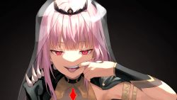 Rule 34 | 1girl, black background, black cape, cape, crown, highres, hololive, hololive english, long hair, looking at viewer, mori calliope, mouth pull, nem rui, pink hair, red eyes, shoulder spikes, solo, spikes, teeth, tongue, tongue out, upper body, veil, virtual youtuber