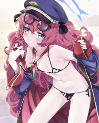 Rule 34 | 1girl, absurdres, armband, bikini, bikini under clothes, black bikini, blue archive, blush, cameltoe, covered erect nipples, eyewear on head, flat chest, grin, groin, hair between eyes, halo, hat, highres, iroha (blue archive), jacket, long hair, long sleeves, looking at viewer, micro bikini, military, military hat, navel, necktie, niko (tama), off shoulder, peaked cap, red hair, red necktie, revision, side-tie bikini bottom, smile, solo, stomach, string bikini, swimsuit, swimsuit under clothes