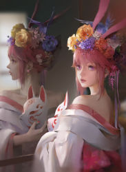 Rule 34 | 1girl, bare shoulders, commentary request, earrings, flower, flower earrings, flower request, hair ornament, head wreath, highres, holding, holding mask, honkai (series), honkai impact 3rd, japanese clothes, jewelry, kimono, looking at viewer, mask, mirror, nail polish, parted lips, pink eyes, pink hair, purple flower, red flower, red nails, reflection, ribbon, rose, short hair, sidelocks, solo, upper body, vnug7855, white flower, white kimono, yae sakura, yellow flower, yellow rose