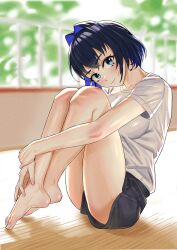 Rule 34 | 1girl, absurdres, alternate costume, bare legs, barefoot, black shorts, blue eyes, blue hair, blurry, blurry background, blush, breasts, closed mouth, collarbone, crossed bangs, depth of field, eyelashes, feet, full body, hair intakes, head tilt, highres, hololive, hololive english, hugging own legs, indoors, kan (k rab), knees up, large breasts, legs, looking at viewer, multicolored hair, on ground, ouro kronii, shirt, short hair, short shorts, short sleeves, shorts, sidelocks, smile, solo, streaked hair, t-shirt, thighs, toenails, toes, virtual youtuber, white shirt, wooden floor