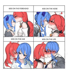 Rule 34 | +++, 2girls, bare shoulders, blue eyes, blue hair, closed eyes, commentary, dumd, english text, facing another, forehead, hololive, hoshimachi suisei, hoshimachi suisei (1st costume), kiss, kiss chart, kissing ear, kissing nose, looking at another, multiple drawing challenge, multiple girls, multiple views, pink hair, sakura miko, sakura miko (casual), sketch, smile, symbol-only commentary, upper body, virtual youtuber, white background, yuri