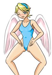 Rule 34 | 1girl, angel wings, blonde hair, blush, breasts, breath of fire, breath of fire iv, hairband, meme, nina (breath of fire iv), one eye closed, open mouth, short hair, smile, solo, swimsuit, white wings, wings