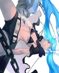 Rule 34 | 10s, 1girl, aqua hair, belt, bikini, bikini top only, black bikini, black rock shooter, black rock shooter (character), blue eyes, blue hair, breasts, cannon, chain, female focus, front-tie top, glowing, glowing eyes, glowing hair, gun, highres, kinggainer, long hair, matching hair/eyes, navel, scar, shorts, small breasts, solo, swimsuit, twintails, very long hair, weapon, white background