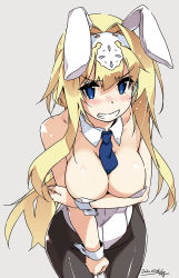 Rule 34 | 1girl, alice zuberg, animal ears, arm grab, artist name, between breasts, black pantyhose, blonde hair, blue eyes, blue necktie, blush, breast hold, breasts, cleavage, collar, commentary, cowboy shot, dated, detached collar, fake animal ears, grey background, grimace, hairband, highres, large breasts, leaning forward, leotard, looking at viewer, necktie, pantyhose, playboy bunny, rabbit ears, shikei, signature, simple background, smile, solo, standing, strapless, strapless leotard, sword art online, white collar, white hairband, white leotard, wing collar, wrist cuffs