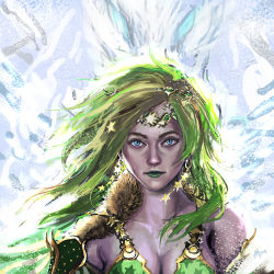 Rule 34 | 1girl, blue eyes, breasts, cleavage, closed mouth, earrings, final fantasy, final fantasy iv, green hair, green lips, hair ornament, jewelry, lipstick, long hair, looking at viewer, makeup, maya sawamura anderson, rydia (ff4), solo