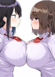 Rule 34 | 2girls, black hair, blue eyes, blush, bow, bowtie, bra, bra peek, braid, breast contest, breast press, breasts, brown hair, button gap, collared shirt, commentary, earrings, eye contact, huge breasts, inconvenient breasts, jewelry, kaisen chuui, large breasts, lips, long hair, looking at another, mole, mole under eye, multiple girls, necktie, original, pink bra, purple eyes, red bow, red neckwear, school uniform, shirt, short hair, simple background, single braid, symmetrical docking, underwear, upper body, white background, white shirt