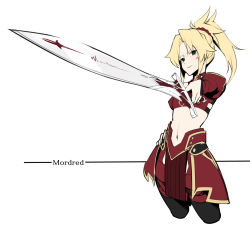 Rule 34 | 1girl, blonde hair, braid, breasts, character name, clarent (fate), commentary request, fate/grand order, fate (series), frown, green eyes, hair ornament, hair scrunchie, holding, holding sword, holding weapon, long hair, looking at viewer, mordred (fate), mordred (fate/apocrypha), navel, parted bangs, ponytail, red scrunchie, scrunchie, simple background, small breasts, solo, sword, takatun223, weapon, white background
