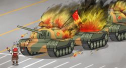 Rule 34 | 1girl, arms up, blonde hair, commentary request, fire, from behind, genshin impact, hat, highres, holding, kkgusxo, klee (genshin impact), long hair, long sleeves, military, military vehicle, motor vehicle, parody, people&#039;s republic of china flag, red hat, road, smoke, solo, street, tank, tank man, tiananmen square