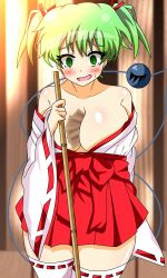 Rule 34 | 1girl, @ @, alternate hairstyle, amagaeru, bare shoulders, between breasts, blurry, blurry background, blush, breasts, card, card between breasts, cleavage, green eyes, green hair, highres, huge breasts, komeiji koishi, looking at viewer, matching hair/eyes, money, no bra, off shoulder, open mouth, short hair, smile, solo, standing, sweat, sweatdrop, tears, third eye, touhou, twintails
