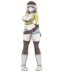 Rule 34 | 1girl, absurdres, alternate costume, arm grab, arms behind back, belt, boots, breasts, brown belt, brown eyes, brown hat, brown thighhighs, cleavage, closed mouth, collarbone, cosplay request, cropped jacket, danganronpa (series), danganronpa 2: goodbye despair, final fantasy, final fantasy xv, fishywishy, full body, gloves, groin, hat, highres, jacket, knee boots, large breasts, light brown hair, long sleeves, looking at viewer, medium hair, midriff, mole, mole on breast, nanami chiaki, navel, short shorts, shorts, simple background, smile, solo, standing, thighhighs, white background, yellow jacket