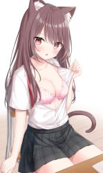 Rule 34 | 1girl, :o, animal ear fluff, animal ears, blouse, bra, breasts, brown hair, cat ears, cat girl, cat tail, chair, desk, dress shirt, highres, kinakon, long hair, looking at viewer, medium breasts, miniskirt, neck ribbon, open clothes, open mouth, open shirt, opened by self, original, partially unbuttoned, pink bra, plaid, plaid skirt, pleated skirt, school desk, shirt, short sleeves, sitting, skirt, tail, underwear, undone neck ribbon, v-shaped eyebrows, white shirt