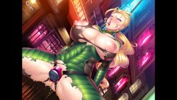 Rule 34 | 1girl, ahegao, ass, blonde hair, bordello, breasts, brothel, covered erect nipples, dildo harness, exhibitionism, female focus, fucked silly, glowing, hagakure machiko, huge breasts, lilith-soft, long hair, moaning, neon lights, night, nightclub, obui, outdoors, public indecency, red light district, spread legs, sweat, taimanin (series), taimanin asagi, taimanin rpgx, torn clothes