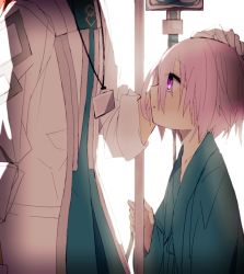 Rule 34 | 1boy, 1girl, bad id, bad twitter id, child, commentary request, fate/grand order, fate (series), from side, gloves, hair between eyes, hiiragi fuyuki, intravenous drip, lab coat, long sleeves, mash kyrielight, name tag, parted lips, pink eyes, pink hair, robe, romani archaman, short hair, simple background, sleeves rolled up, white background, white gloves