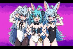 Rule 34 | 3girls, :3, :d, @ @, adapted costume, ahoge, animal ears, bandaid, bandaid on face, black leotard, blue hair, blush, bow, bustier, choker, clothing cutout, collar, covered navel, detached collar, double-parted bangs, fangs, fish hairpin, fishnet pantyhose, fishnets, flower, gradient background, green ribbon, groin, hair between eyes, hair bow, hair flower, hair ornament, hairpin, hand on own hip, hikimayu, indie virtual youtuber, ink (inksgirls), krumroll, leotard, letterboxed, light blue hair, locked arms, long hair, lop rabbit ears, multicolored hair, multiple girls, nanobites, navel cutout, open mouth, pantyhose, para (vtuber), pink eyes, playboy bunny, pom pom (clothes), purple bow, rabbit ears, red eyes, ribbon, sharp teeth, short hair, sidelocks, smile, star (symbol), star choker, streaked hair, teeth, very long hair, virtual youtuber, w, w over eye, white leotard, wrist cuffs, yellow eyes