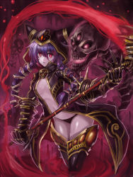 Rule 34 | 1girl, blood, bow, braid, breasts, claws, coat, edobox, gloves, glowing, glowing eyes, hair bow, hat, hat with ears, long hair, looking at viewer, metal gloves, midriff, naked coat, navel, no bra, open clothes, open coat, original, polearm, pool of blood, purple hair, purple thighhighs, red eyes, skull, small breasts, thighhighs, twin braids, very long hair, weapon