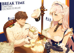 Rule 34 | 1boy, 1girl, absurdres, apron, azur lane, bad id, bad pixiv id, belfast (azur lane), blue eyes, braid, breasts, brown hair, chain, chair, cleavage, collar, collarbone, commander (azur lane), corset, english text, food, french braid, frilled apron, frilled gloves, frills, gasari (jongh1803), gloves, grin, hair over one eye, hat, highres, jacket, large breasts, long hair, maid, maid apron, maid headdress, military, military jacket, military uniform, naval uniform, paper, paper stack, papers, peaked cap, plate, sandwich, short hair, silver hair, sitting, smile, tea, teapot, uniform, white apron, white gloves, white jacket