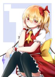 Rule 34 | &gt;:t, 1girl, :t, ascot, bad id, bad pixiv id, black thighhighs, blonde hair, blush, bow, closed mouth, crystal, flandre scarlet, frilled shirt collar, frilled sleeves, frills, hair bow, highres, looking at viewer, no headwear, panties, pantyshot, puffy short sleeves, puffy sleeves, red bow, red eyes, red skirt, red vest, shirt, short sleeves, side ponytail, sitting, skirt, skirt set, solo, thighhighs, touhou, underwear, v-shaped eyebrows, vest, white panties, white shirt, wings, wrist cuffs, yuki (snowmaiden)
