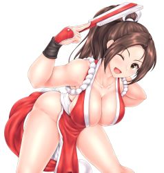 Rule 34 | 1girl, breasts, cleavage, fatal fury, hand on own hip, highres, large breasts, no bra, parted bangs, pelvic curtain, ponytail, revealing clothes, shiranui mai, simple background, solo, thighs, white background