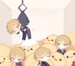 Rule 34 | 4boys, black coat, black pants, blonde hair, blush, closed mouth, coat, crane (machine), crying, earrings, jewelry, limbus company, lobotomy corporation, long sleeves, looking at another, love mintchoco, male focus, multiple boys, multiple persona, necktie, pants, project moon, punishing bird, red necktie, shirt, sinclair (project moon), single earring, tassel, tassel earrings, white shirt, yellow eyes