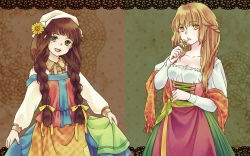 Rule 34 | 2girls, austria-hungary, blonde hair, bow, braid, breasts, brown background, brown eyes, brown hair, cleavage, clothes lift, collarbone, dress, dress lift, flower, fuuka (fukasheu), green background, green eyes, hair bow, hair flower, hair ornament, hat, holding, holding flower, italy, long hair, long sleeves, medium breasts, multicolored background, multiple girls, open mouth, original, parted lips, personification, plant, smile, sunflower, traditional clothes, twin braids, two-tone background, white flower, white hat, yellow bow, yellow eyes