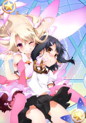 Rule 34 | 2girls, ;d, absurdres, black hair, black skirt, blonde hair, blush, brown eyes, carrying, detached sleeves, fate/kaleid liner prisma illya, fate (series), feather hair ornament, feathers, floating hair, gloves, grin, hair ornament, hairclip, hand on another&#039;s head, highres, homurahara academy school uniform, illyasviel von einzbern, long hair, looking at viewer, magic circle, miniskirt, miyu edelfelt, multiple girls, official art, one eye closed, open mouth, piggyback, pink feather, pink feathers, pink legwear, pleated skirt, school uniform, shirt, short hair, short sleeves, skirt, smile, staff, thighhighs, very long hair, white gloves, white shirt