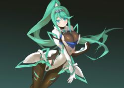 Rule 34 | 1girl, armor, bad id, bad pixiv id, bodystocking, breasts, chinese commentary, cleavage, closed mouth, commentary, earrings, faulds, gauntlets, green eyes, green hair, headband, high ponytail, jewelry, large breasts, long hair, looking at viewer, nintendo, pantyhose, pneuma (xenoblade), ponytail, see-through, sidelocks, simple background, smile, solo, spoilers, standing, very long hair, xenoblade chronicles (series), xenoblade chronicles 2, yostxxx