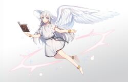 Rule 34 | 1other, absurdres, ambiguous gender, anklet, barefoot, blue eyes, book, bracelet, feathered wings, floating, floating book, floating object, full body, grey background, grey hair, highres, jewelry, long hair, original, short sleeves, sisi:shishi, smile, solo, white wings, wings