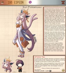 Rule 34 | 1boy, 1girl, artist name, bare shoulders, black hair, breasts, brown background, character name, character profile, commentary, creatures (company), detached sleeves, english commentary, english text, espeon, forehead jewel, game freak, gen 2 pokemon, headdress, highres, kinkymation, kneehighs, long hair, nintendo, open mouth, personification, poke ball, poke ball (basic), pokemon, pokemon ears, pokemon tail, purple eyes, purple hair, purple lips, small breasts, socks, split tail, stirrup legwear, tail, toeless legwear, uncensored, very long hair, white socks, wide sleeves