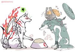 Rule 34 | amaterasu (ookami), animal, blue eyes, bodypaint, crossover, earrings, issun, jewelry, link, wolf link, long hair, midna, nintendo, ookami (game), pointy ears, red eyes, reflector, rosary, shield, shuri (84k), the legend of zelda, the legend of zelda: twilight princess, wolf