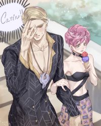 Rule 34 | 1boy, 1girl, blonde hair, blue eyes, blush, covering face, food, formal, holding another&#039;s arm, ice cream, italian text, jewelry, jojo no kimyou na bouken, magatama, magatama necklace, midriff, necklace, pink hair, prosciutto, short hair, skirt, suit, trish una, vento aureo, yepnean