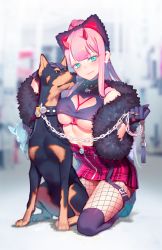 Rule 34 | 10s, 1girl, animal, animal ears, black collar, black gloves, black pantyhose, black thighhighs, blurry, blurry background, breasts, chain, closed mouth, clothing cutout, collar, commentary request, crop top, darling in the franxx, depth of field, dog, dog ears, ear piercing, earrings, fake animal ears, fiodo, fishnet pantyhose, fishnets, fur, german shepherd, glint, gloves, green eyes, hand on another&#039;s head, head tilt, heart cutout, high ponytail, highres, holding, horns, jewelry, kneeling, leash, long hair, looking at viewer, medium breasts, pantyhose, piercing, pink hair, plaid, plaid skirt, pleated skirt, ponytail, purple skirt, revealing clothes, sitting, skirt, smile, solo, studded collar, thighhighs, thighhighs over pantyhose, underboob, very long hair, zero two (darling in the franxx)
