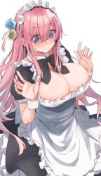 Rule 34 | 1girl, apron, arms up, black dress, blue eyes, bocchi the rock!, breasts, cleavage, closed mouth, cube hair ornament, dress, frilled apron, frills, hair between eyes, hair ornament, highres, large breasts, long hair, maid, maid apron, maid headdress, ninomiya nono, pink eyes, pink hair, simple background, solo, sweat, white apron, white background