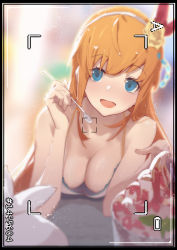 Rule 34 | 1girl, absurdres, ahedtra, blue eyes, blurry, blurry background, breasts, downblouse, flower, food, hair flower, hair ornament, hairband, highres, ice cream, large breasts, long hair, nipples, orange hair, pecorine (princess connect!), princess connect!, recording, solo